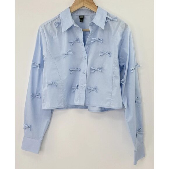 NWT Wild Fable Baby Blue Bow Collared Button Blouse Size Sm, Cropped Academia - Picture 2 of 8